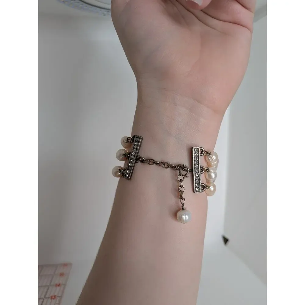 HALEY HILL SILVERTONE PEARL & RHINESTONE 3 STRAND BRACELET 1 1/2 X 7-9" - Picture 4 of 8